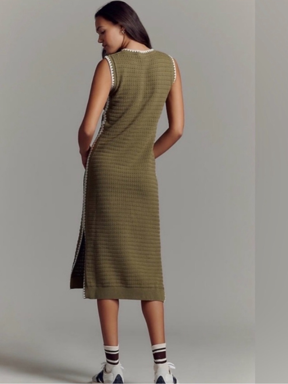 Varley Dwight Tank Knit Dress in Fresh Fern Green with White Trim - Picture 2 of 13